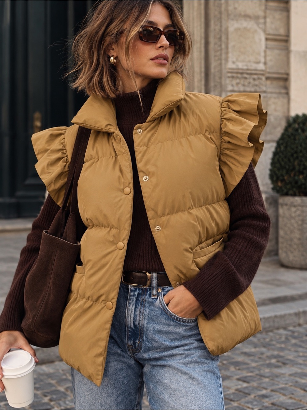 BucketList Camel Ruffle Sleeve Puffer Vest Snap Front Pockets Size M